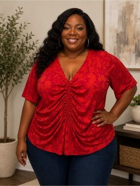 Michael Kors Plus Size Red Floral Ruched V-Neck Top